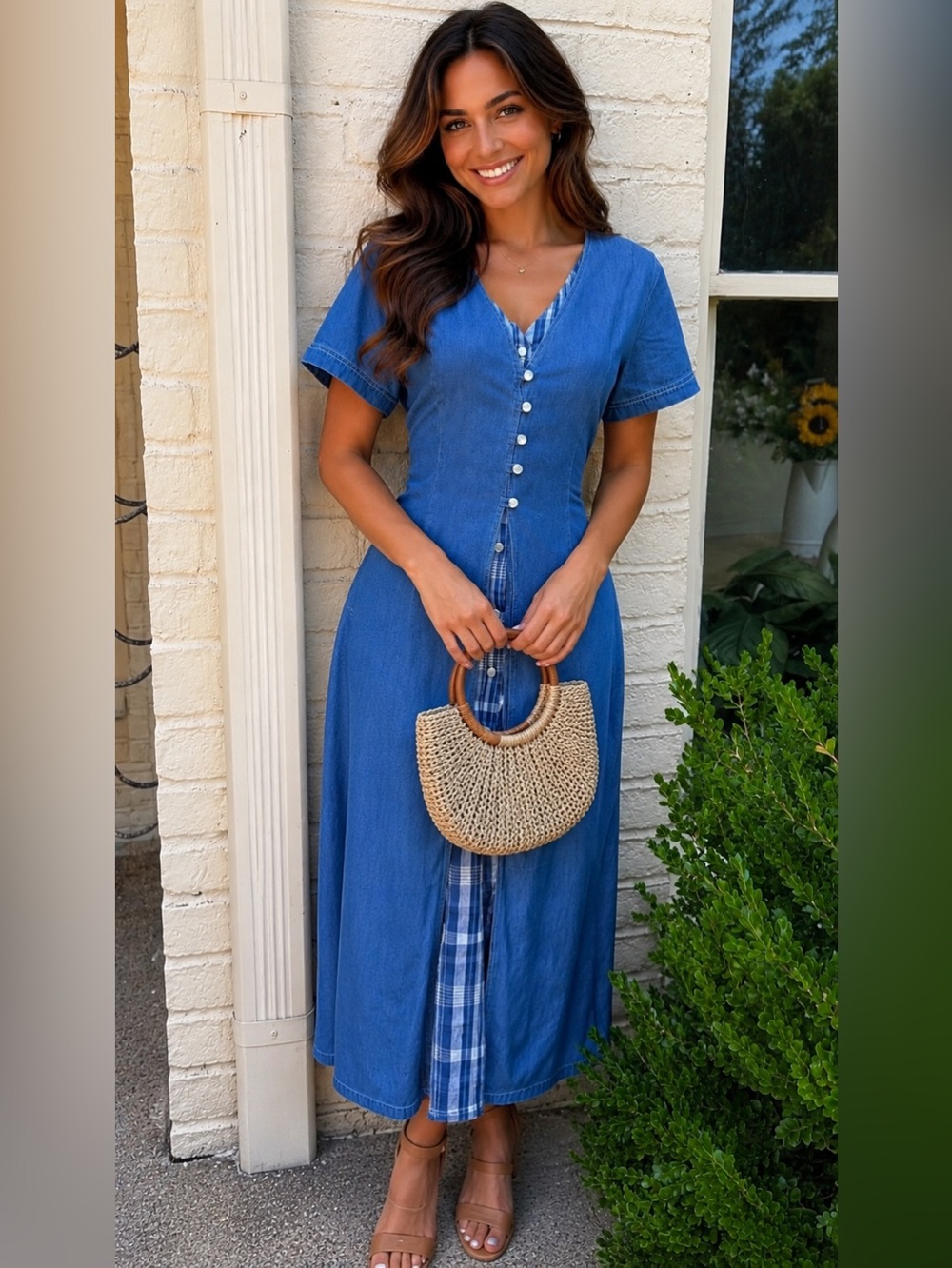 Blue Button-Front Midi Dress with Plaid Inset